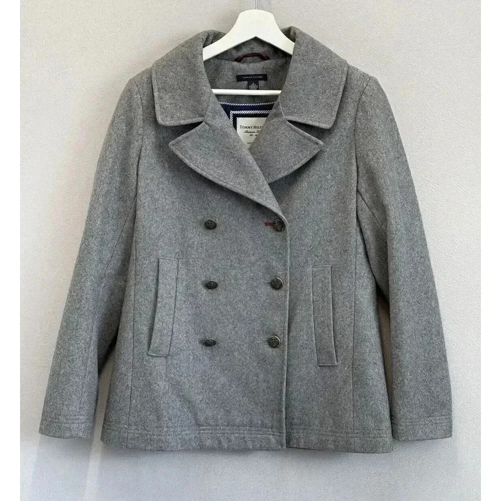 Tommy Hilfiger Women's Sz 8 Grey Wool Blend Jacket 3 Button Pea Coat
